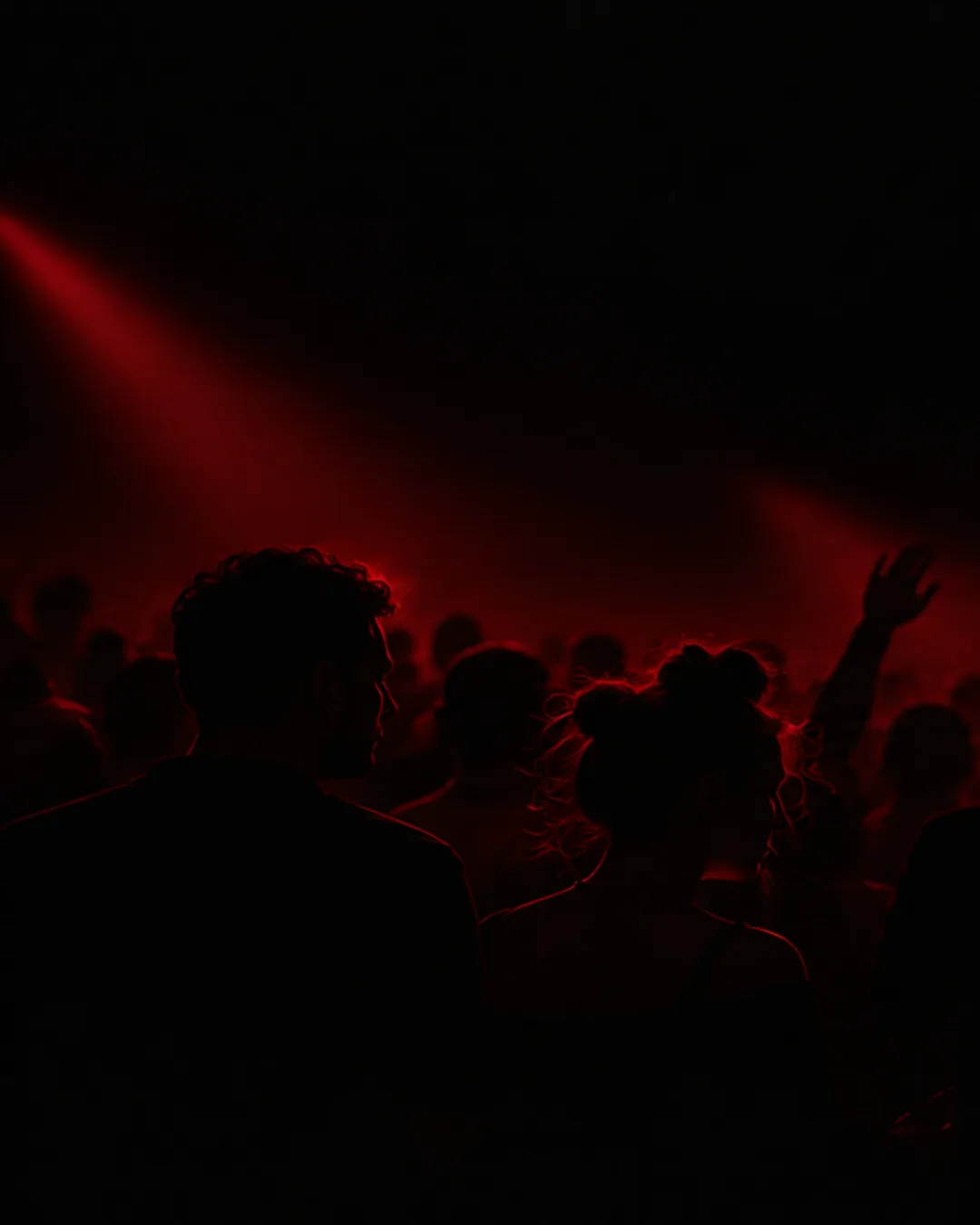 Illustrative silhouettes of a crowd under red stage lighting