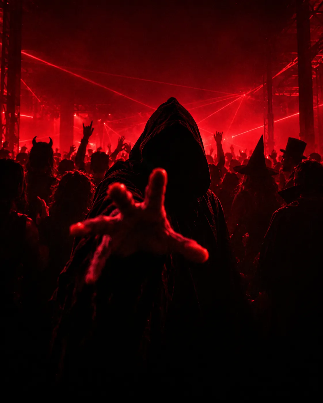 A hooded figure reaching toward the camera under red lasers